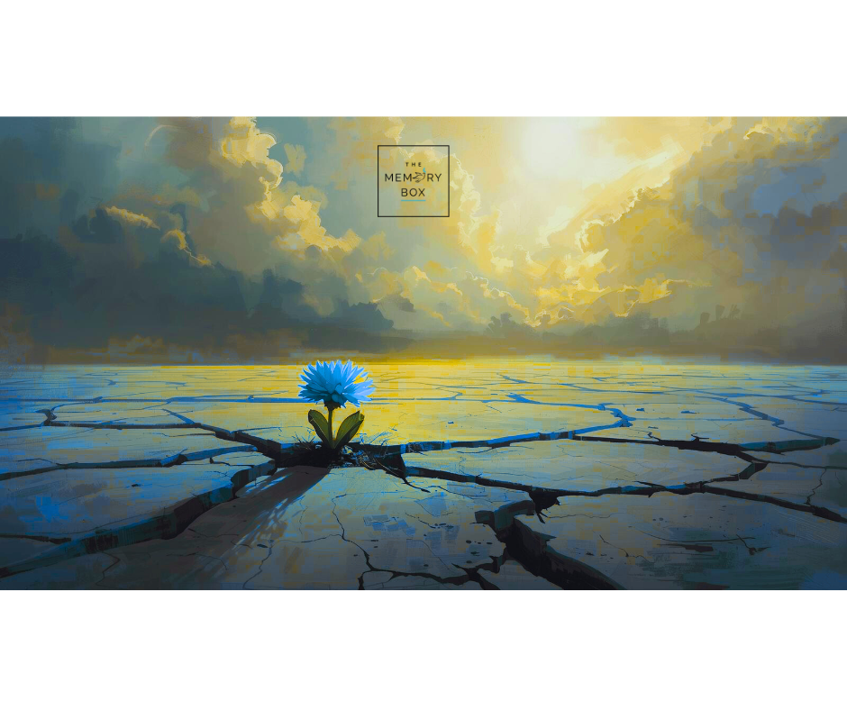 A single blue flower grows through cracks in a dry, barren landscape beneath dramatic golden clouds, symbolizing resilience, hope, and remembrance.